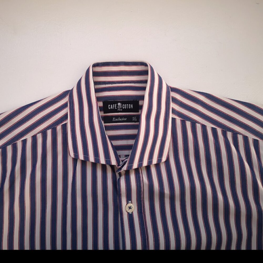 Cafe Coton Paris Exclusive Men's Size 14.5 Blue White Red Stripe Dress Shirt